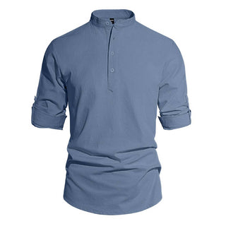 Men's Cotton Linen Henley Collar Solid Color Lightweight Long Sleeve Button-Down Shirt