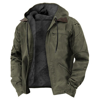 Casual Solid Color Hooded Cotton Jacket with Fleece Lining and Zipper Pockets for Men