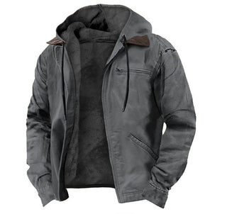 Casual Solid Color Hooded Cotton Jacket with Fleece Lining and Zipper Pockets for Men