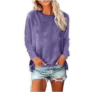 Womens Solid-Color Long-Sleeve Crew-Neck Pullover T-Shirt
