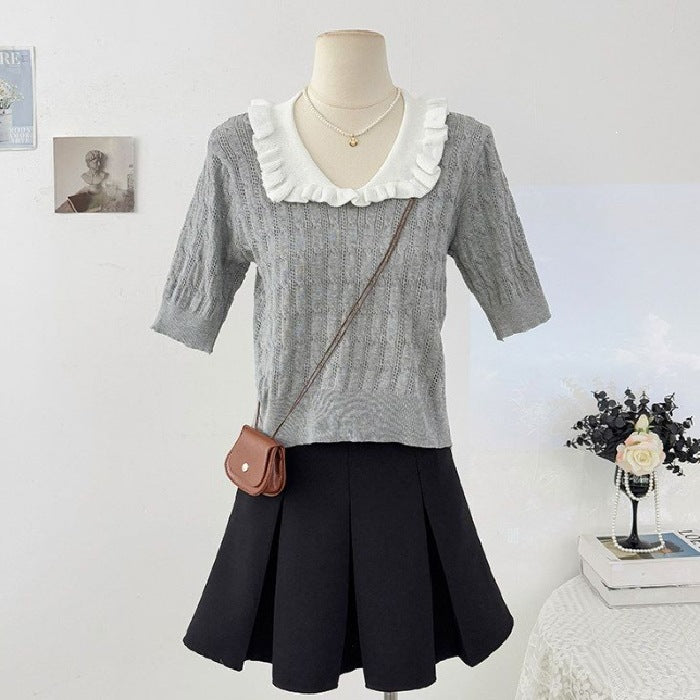 Japanese-style Preppy Chic Ruffled-collar Short-sleeve Knit