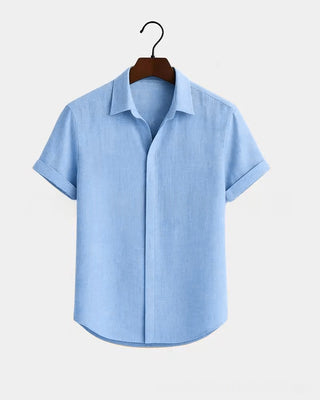 Solid-color Short-sleeve Cotton-linen Shirt For Men