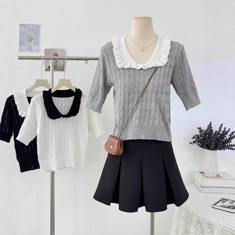 Japanese-style Preppy Chic Ruffled-collar Short-sleeve Knit