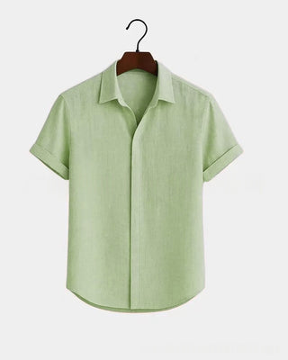 Solid-color Short-sleeve Cotton-linen Shirt For Men