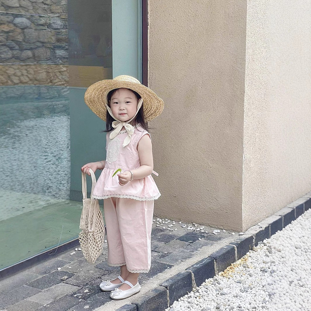 Cute Pink Sleeveless Vest + Pants Two-Piece Set for Girls, Summer Fashion Outfit