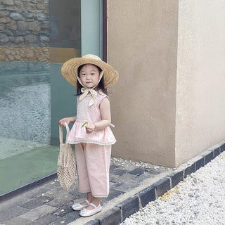 Cute Pink Sleeveless Vest + Pants Two-Piece Set for Girls, Summer Fashion Outfit