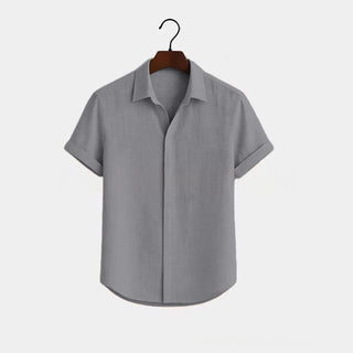 Solid-color Short-sleeve Cotton-linen Shirt For Men