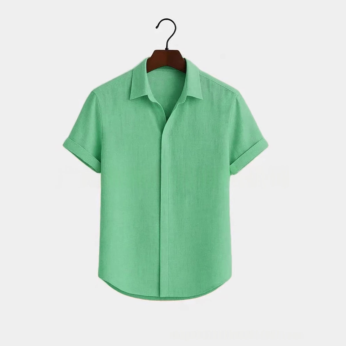 Solid-color Short-sleeve Cotton-linen Shirt For Men