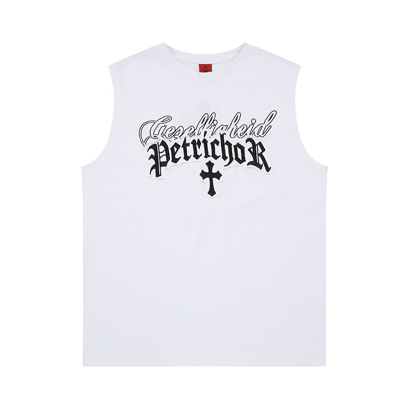 Cross Gothic letter embroidered wide shoulder vest