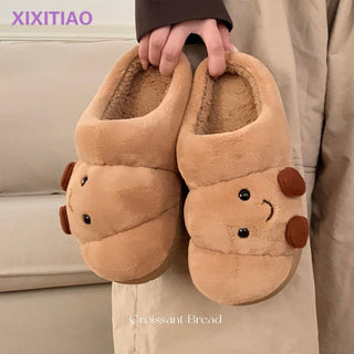 Men's and Women's Winter Cotton Slippers for Home, Couple Cute Croissant Bread