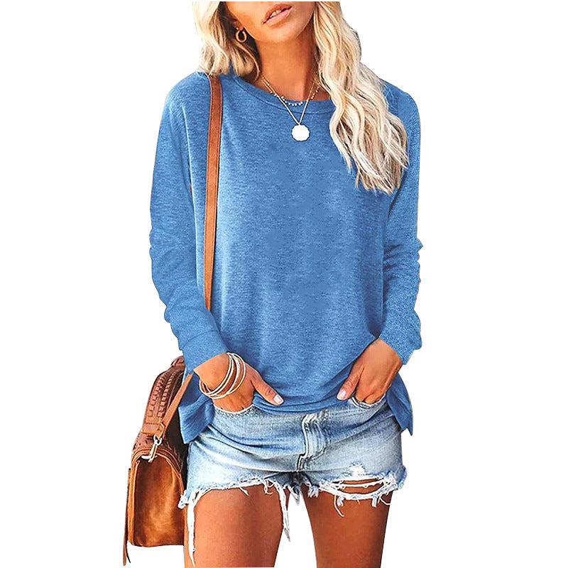 Womens Solid-Color Long-Sleeve Crew-Neck Pullover T-Shirt