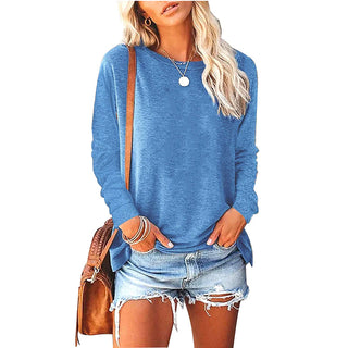 Womens Solid-Color Long-Sleeve Crew-Neck Pullover T-Shirt