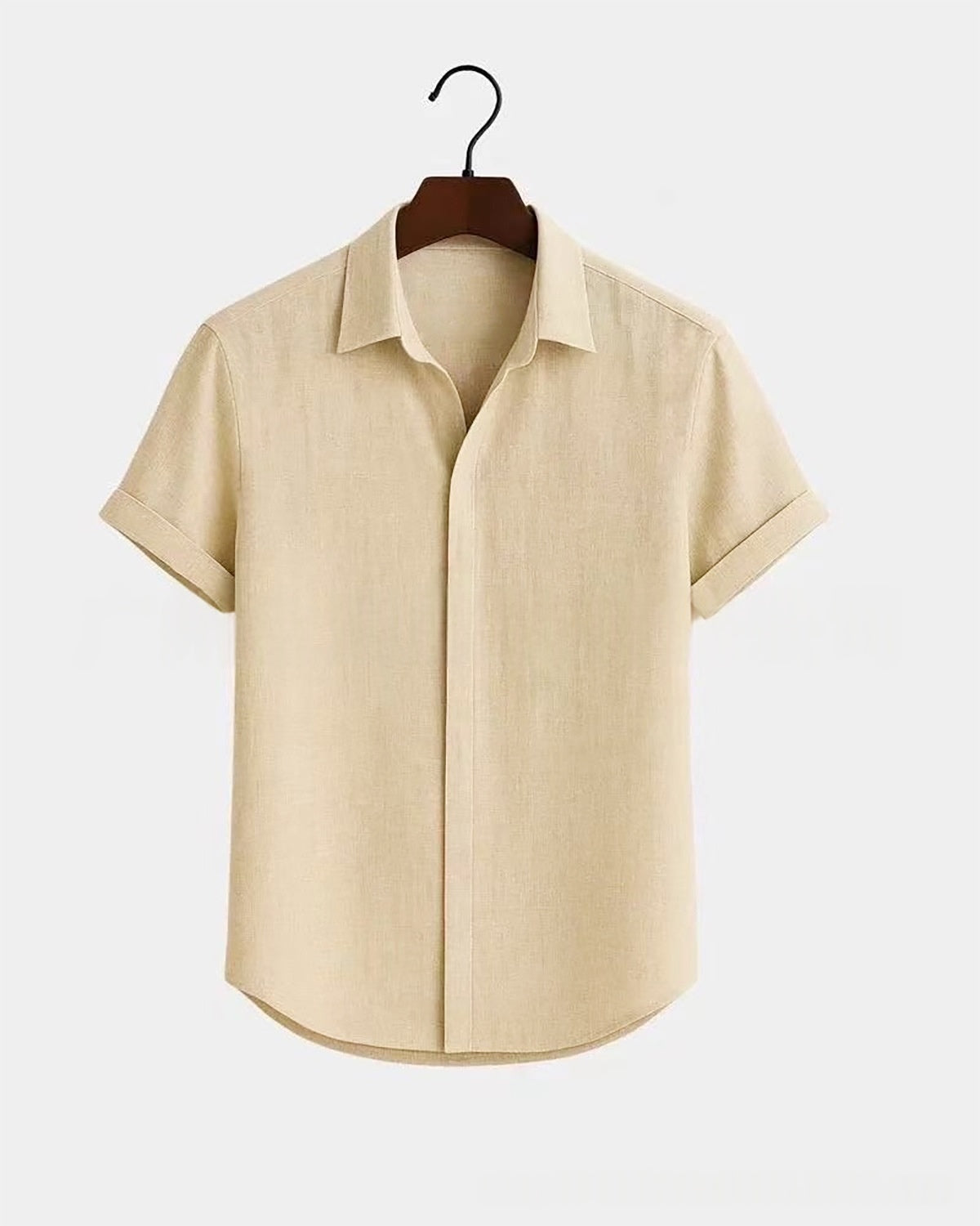 Solid-color Short-sleeve Cotton-linen Shirt For Men