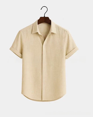 Solid-color Short-sleeve Cotton-linen Shirt For Men