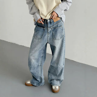 Washed Loose Casual Wide Leg Long Pants with Pocket Design Denim Trousers