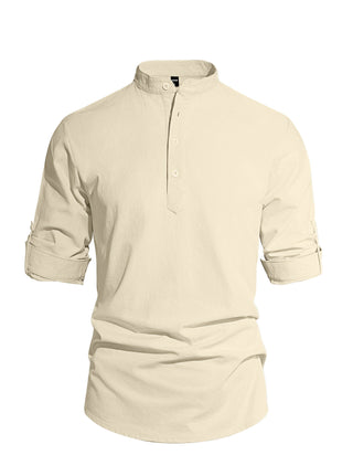 Men's Cotton Linen Henley Collar Solid Color Lightweight Long Sleeve Button-Down Shirt