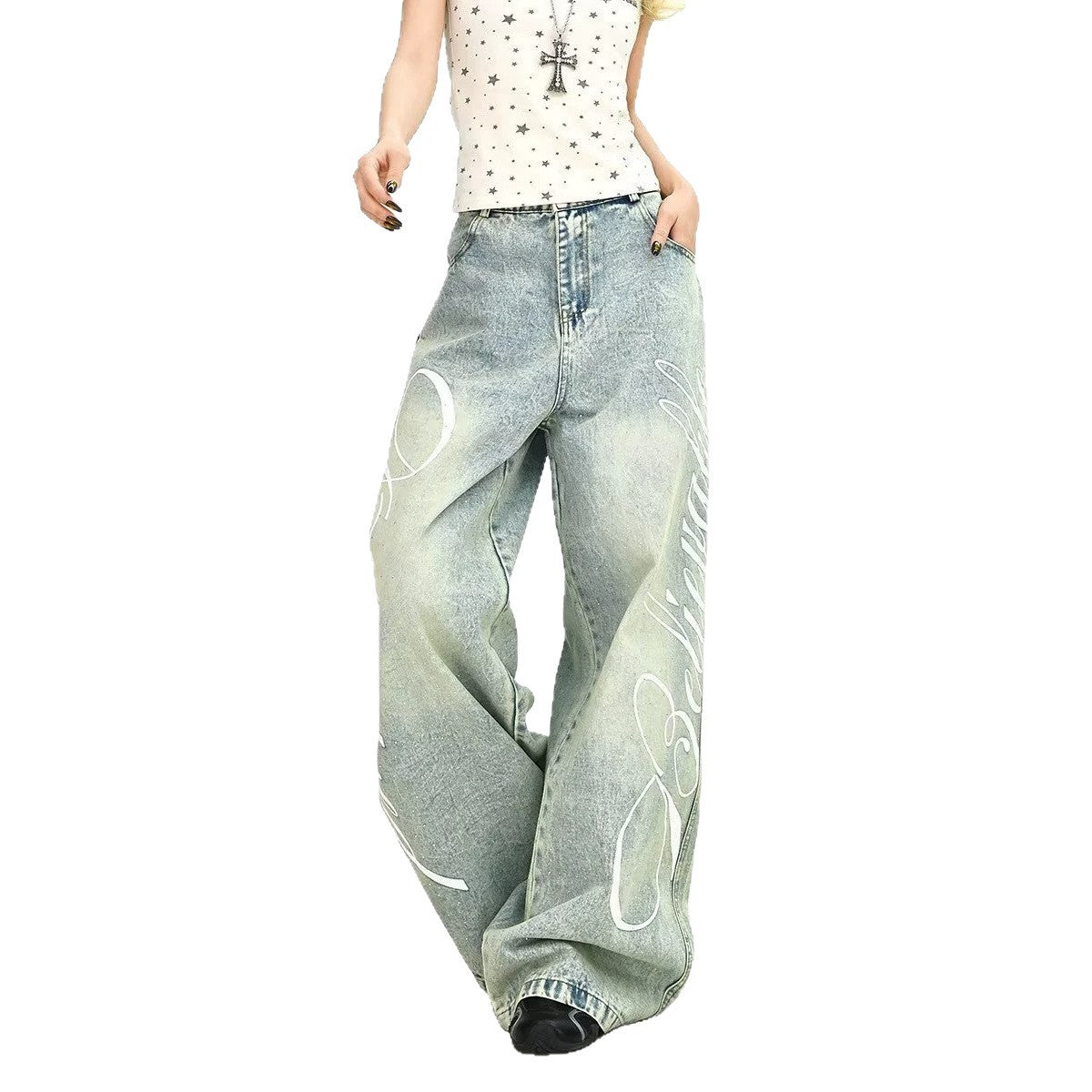 Simple Distressed Washed Knife-Edge Denim Pants