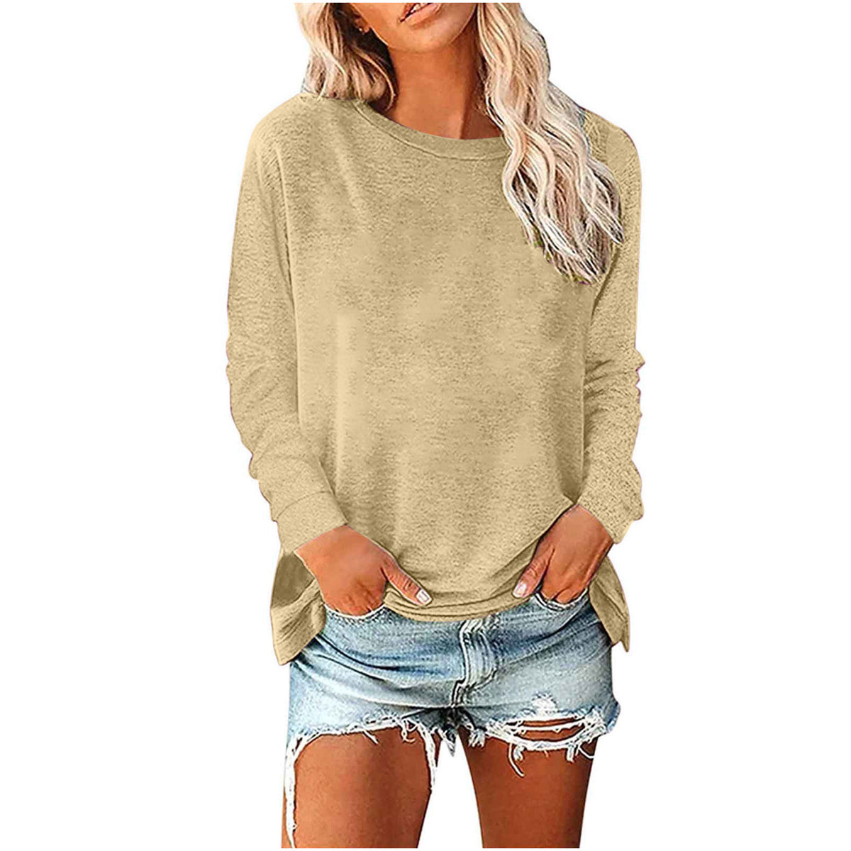 Womens Solid-Color Long-Sleeve Crew-Neck Pullover T-Shirt