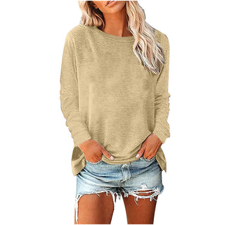 Womens Solid-Color Long-Sleeve Crew-Neck Pullover T-Shirt