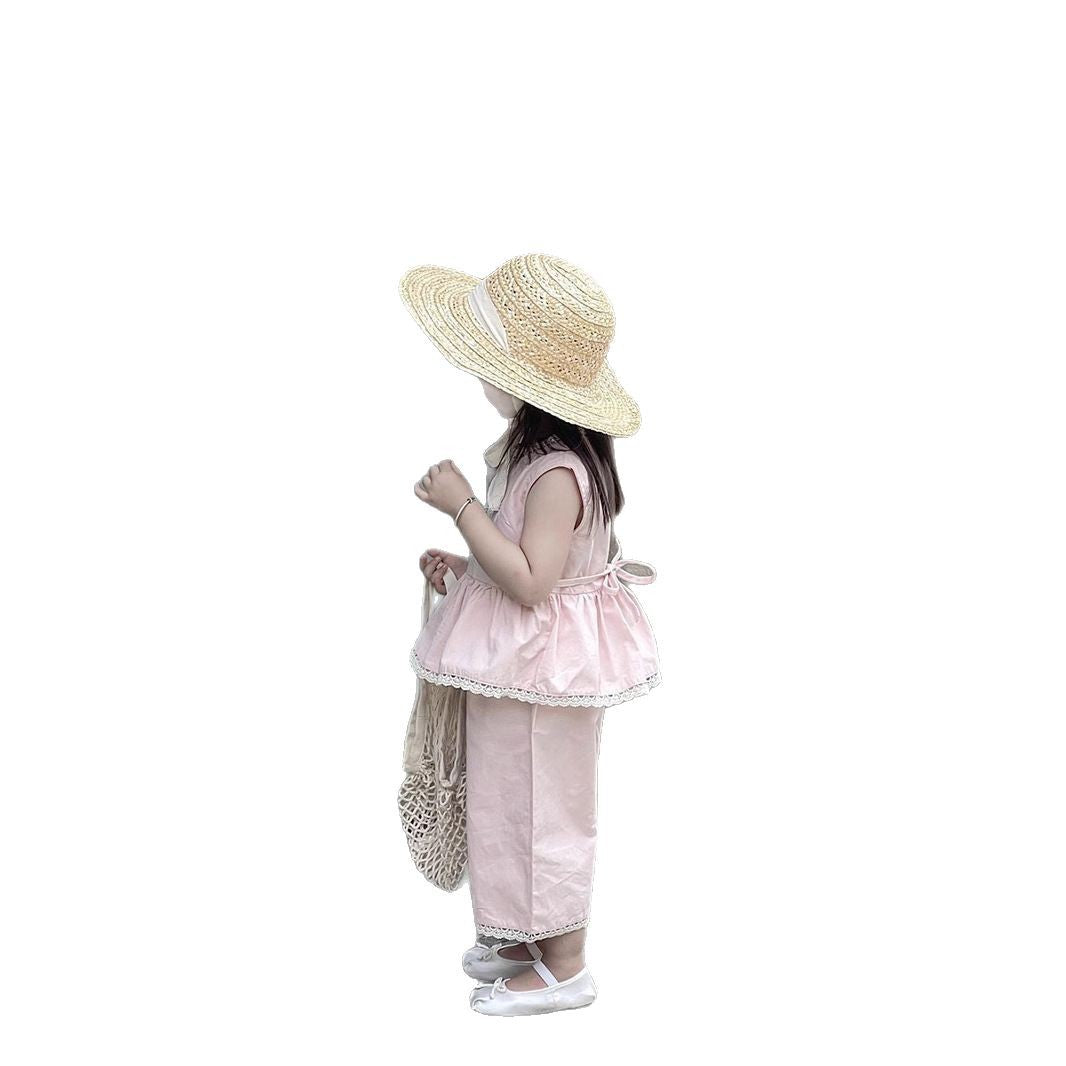 Cute Pink Sleeveless Vest + Pants Two-Piece Set for Girls, Summer Fashion Outfit