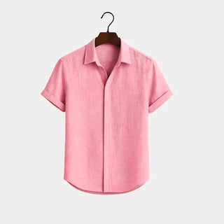 Solid-color Short-sleeve Cotton-linen Shirt For Men