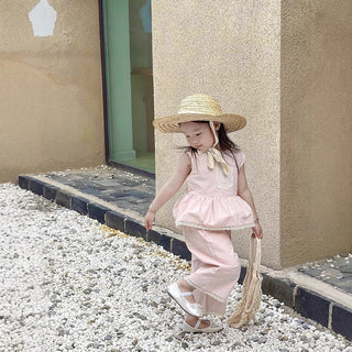 Cute Pink Sleeveless Vest + Pants Two-Piece Set for Girls, Summer Fashion Outfit