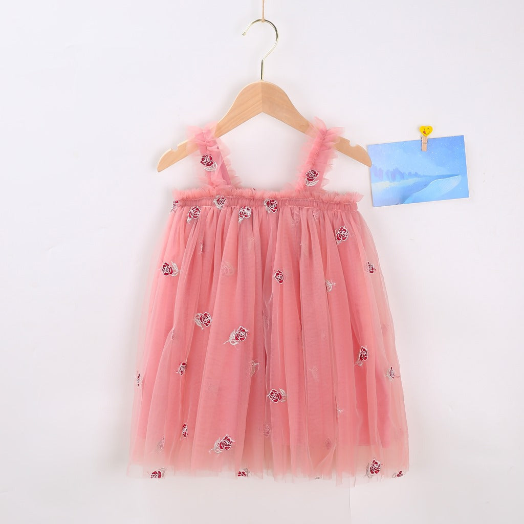 INS Summer New Style Strap Girls Dress Embroidered Sweet Tulle Dress Children's Formal Dress Princess Dress Wholesale