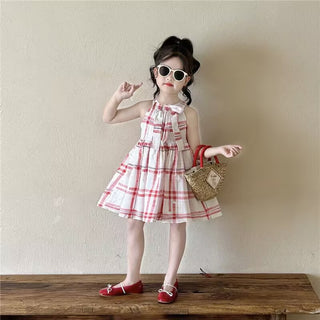 Cute Checkered Strapless Princess Dress for Girls Summer Casual Dress