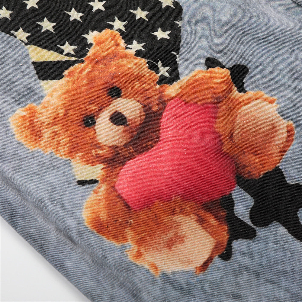 Teddy bear cartoon hot stamping straight leg denim pants
