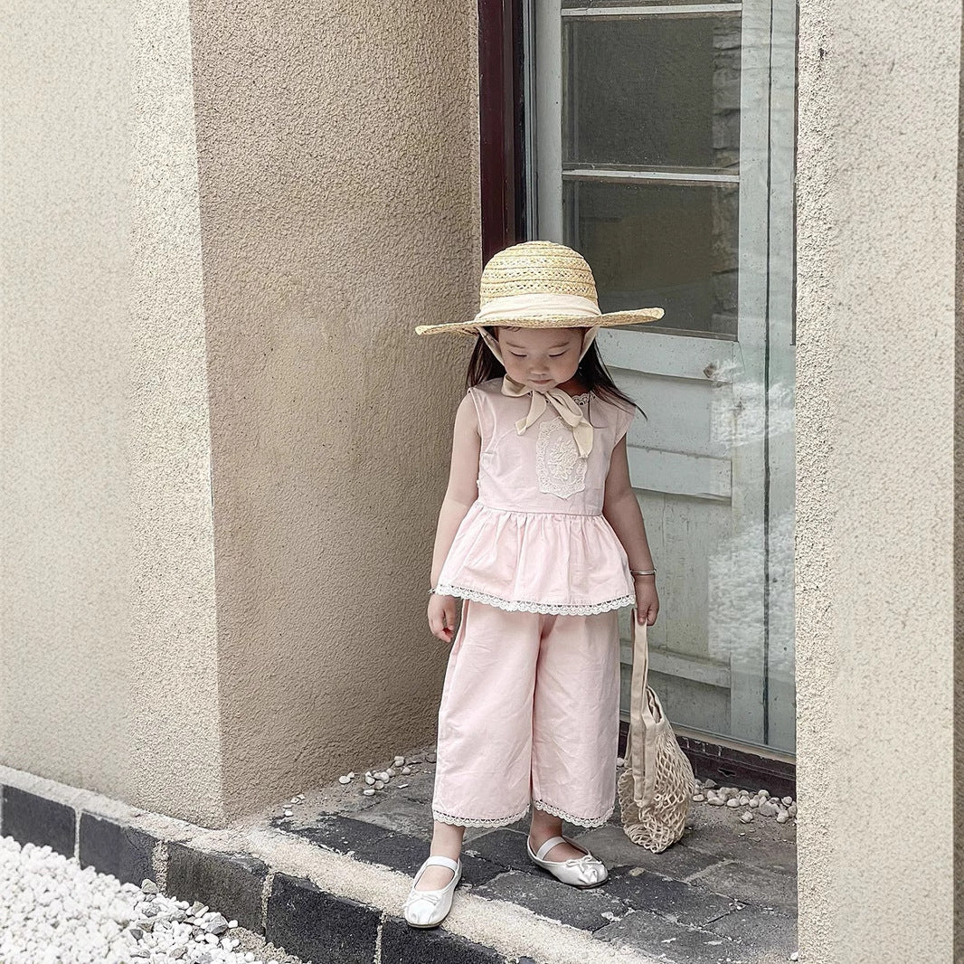 Cute Pink Sleeveless Vest + Pants Two-Piece Set for Girls, Summer Fashion Outfit