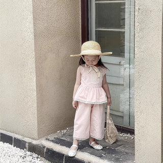 Cute Pink Sleeveless Vest + Pants Two-Piece Set for Girls, Summer Fashion Outfit