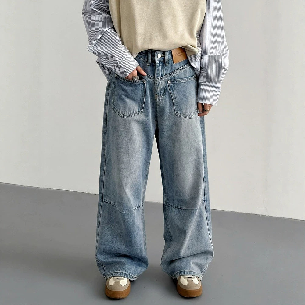 Washed Loose Casual Wide Leg Long Pants with Pocket Design Denim Trousers