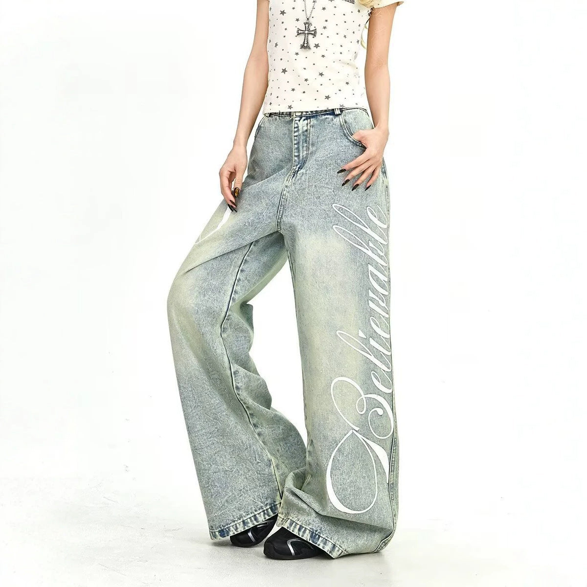 Simple Distressed Washed Knife-Edge Denim Pants