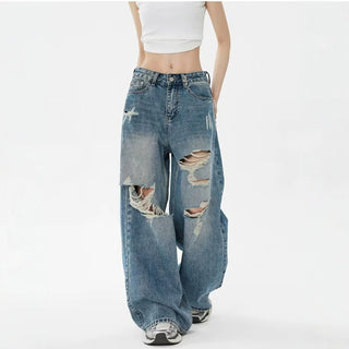 Vintage Blue Ripped Washed Denim Pants Women Leg Pants