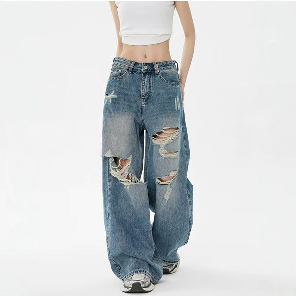 Vintage Blue Ripped Washed Denim Pants Women Leg Pants