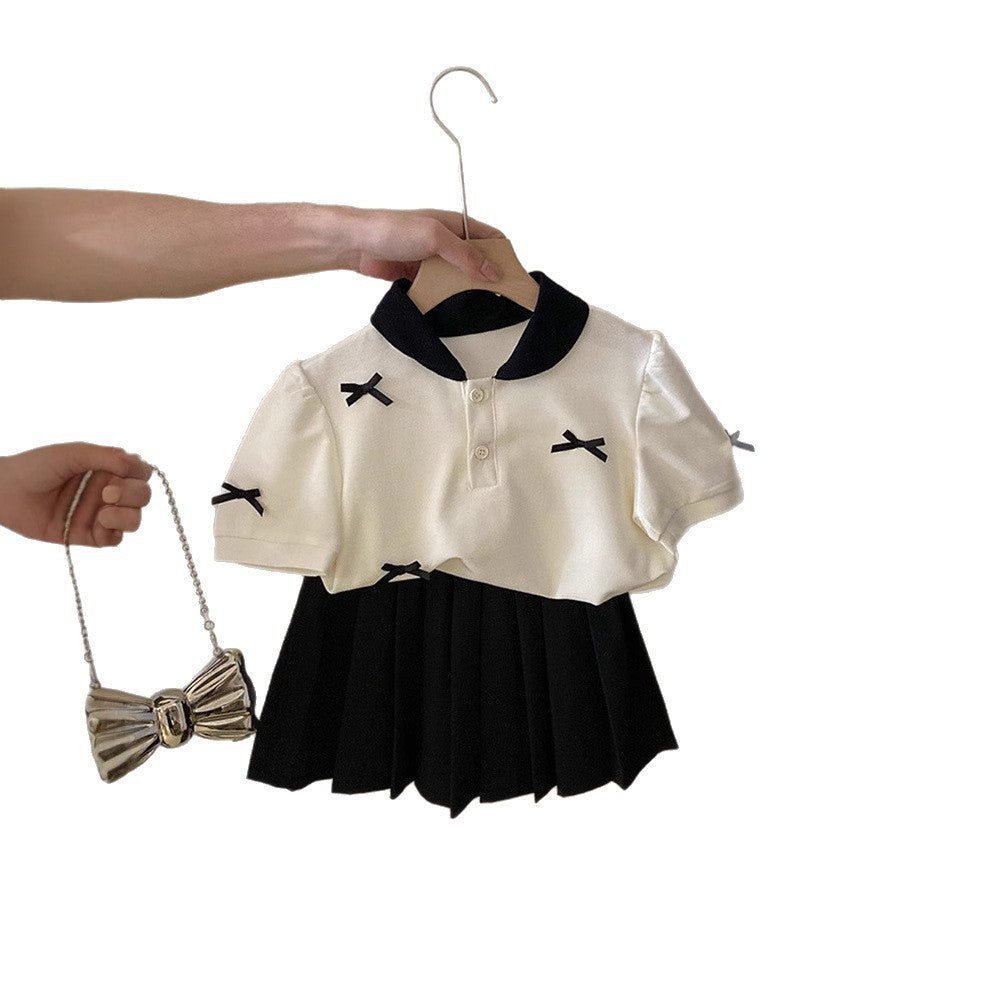 Girls' Set Summer New Butterfly Knot Short Sleeve Top + Pleated Skirt 2-Piece Set for Kids