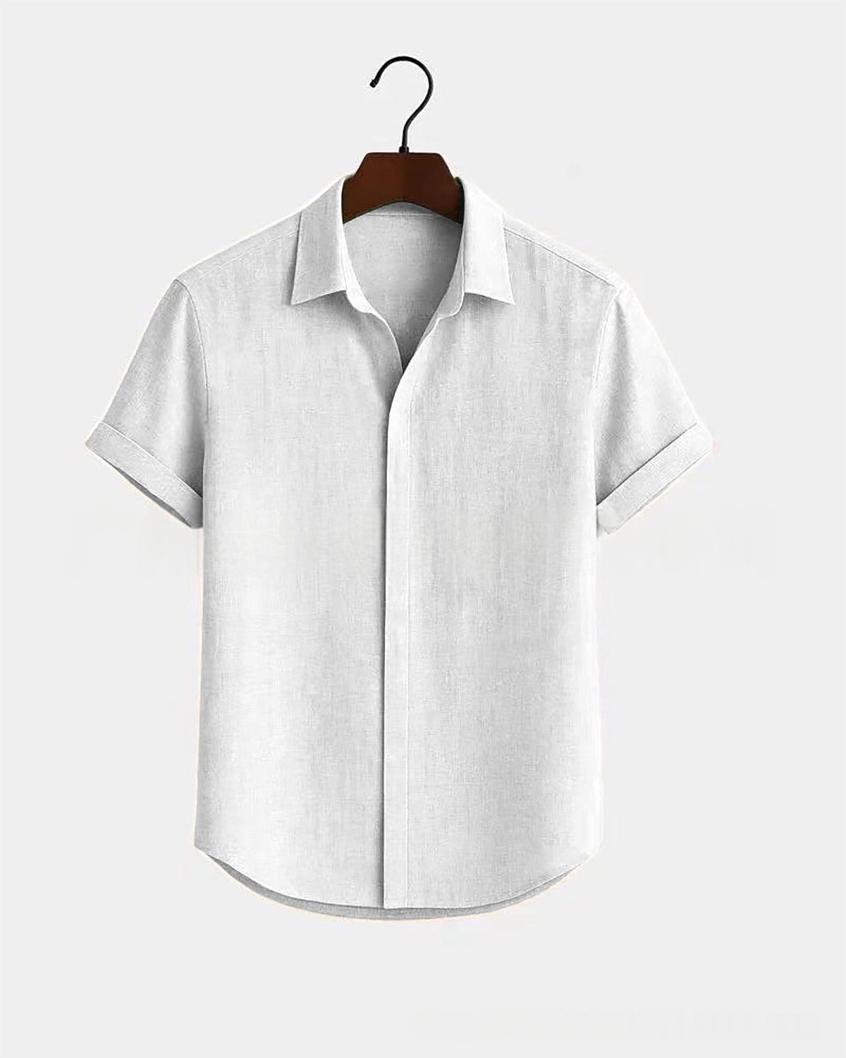 Solid-color Short-sleeve Cotton-linen Shirt For Men