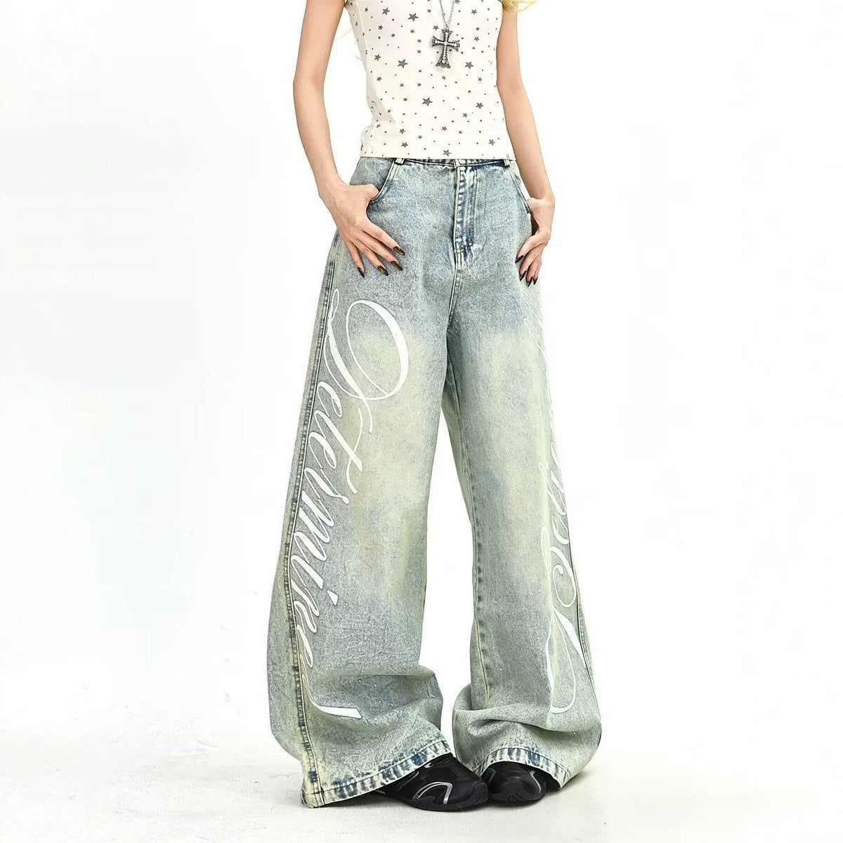 Simple Distressed Washed Knife-Edge Denim Pants