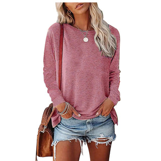 Womens Solid-Color Long-Sleeve Crew-Neck Pullover T-Shirt