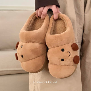 Men's and Women's Winter Cotton Slippers for Home, Couple Cute Croissant Bread