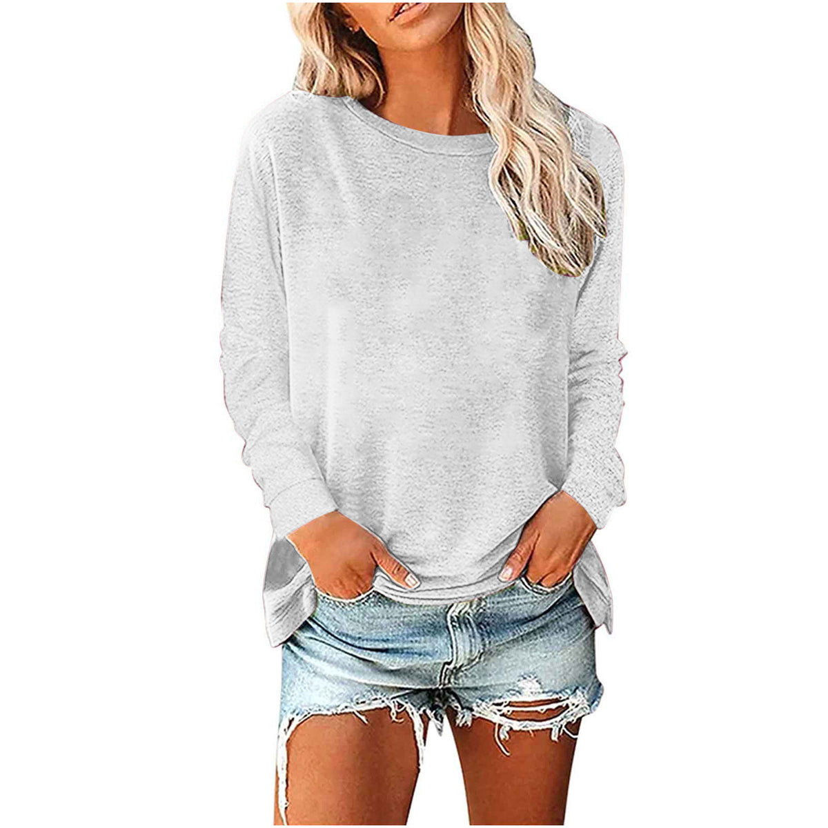 Womens Solid-Color Long-Sleeve Crew-Neck Pullover T-Shirt