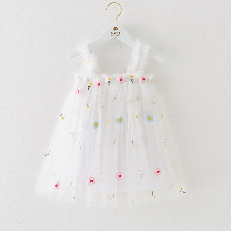 INS Summer New Style Strap Girls Dress Embroidered Sweet Tulle Dress Children's Formal Dress Princess Dress Wholesale