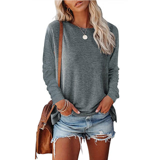 Womens Solid-Color Long-Sleeve Crew-Neck Pullover T-Shirt