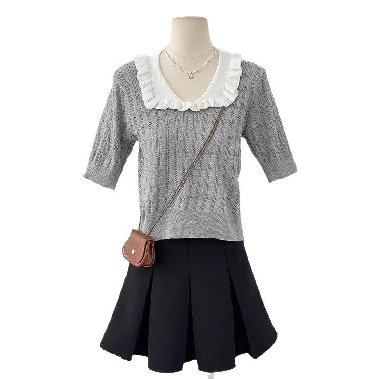 Japanese-style Preppy Chic Ruffled-collar Short-sleeve Knit