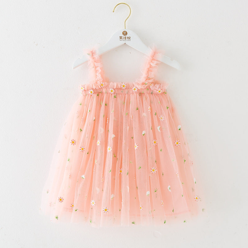 INS Summer New Style Strap Girls Dress Embroidered Sweet Tulle Dress Children's Formal Dress Princess Dress Wholesale