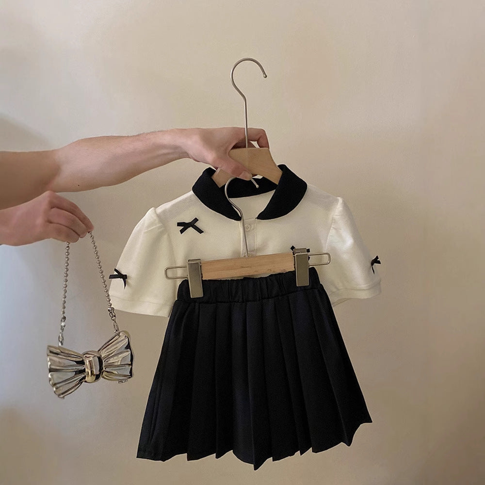 Girls' Set Summer New Butterfly Knot Short Sleeve Top + Pleated Skirt 2-Piece Set for Kids