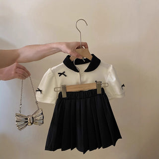 Girls' Set Summer New Butterfly Knot Short Sleeve Top + Pleated Skirt 2-Piece Set for Kids