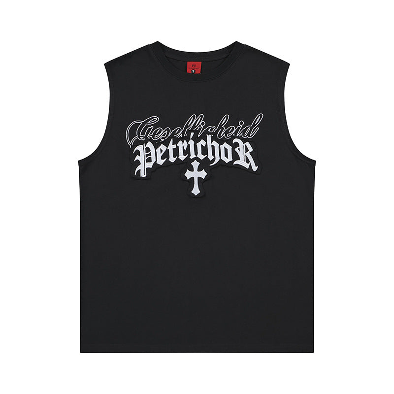 Cross Gothic letter embroidered wide shoulder vest