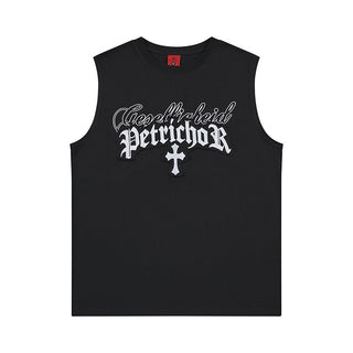 Cross Gothic letter embroidered wide shoulder vest