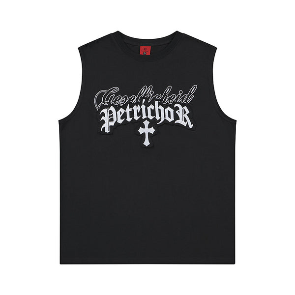 Cross Gothic letter embroidered wide shoulder vest